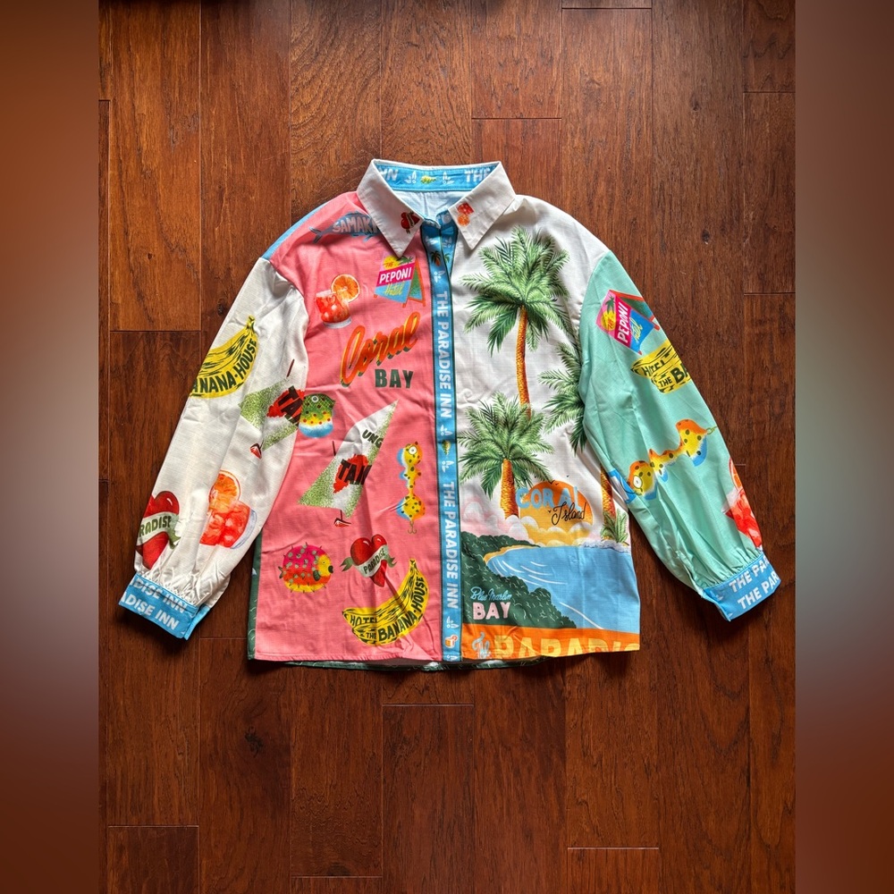 Summer Paradise Tropical Print Linen Blend Button Up Shirt | Oversized S - Picture 12 of 13